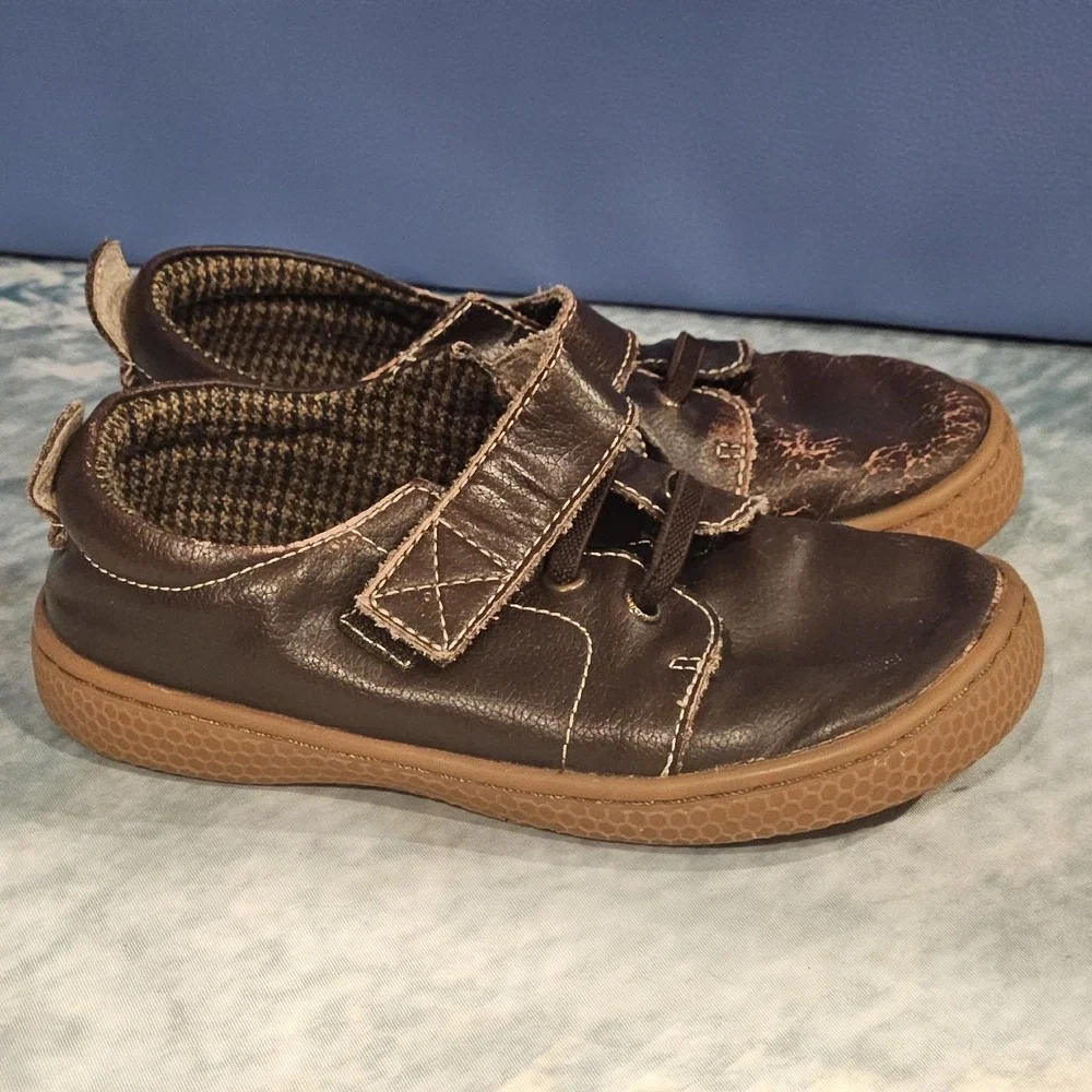 Livie & Luca Boys Brown Leather Hook &‎ Loop Shoes Size 12 Fair